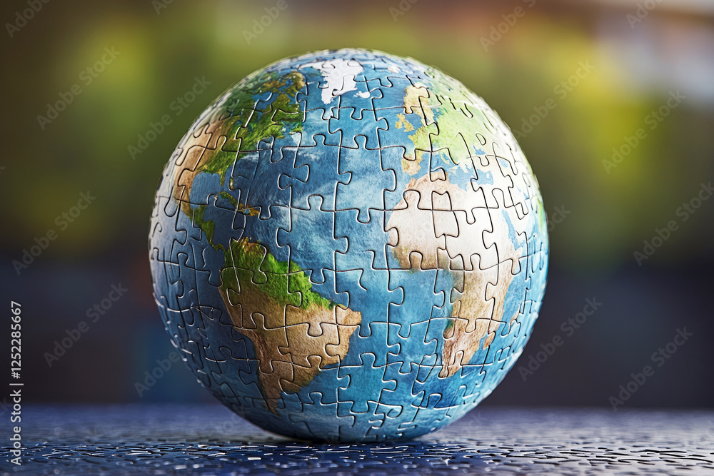 Globe-shaped jigsaw puzzle with missing pieces on a table symbolizing global connection and unity Globe-shaped jigsaw puzzle with missing pieces on a table symbolizing global connection and unity