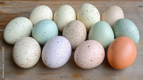A series of pastel-colored Easter eggs placed on a wooden surface, ready to be part of an Easter community event with plenty of copy space.