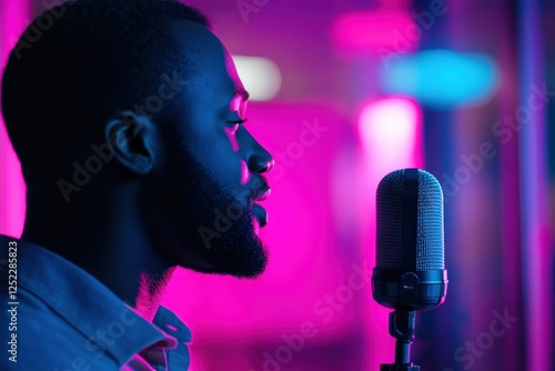 A modern entrepreneur recording a business podcast, using a professional microphone, engaging audience through digital content creation