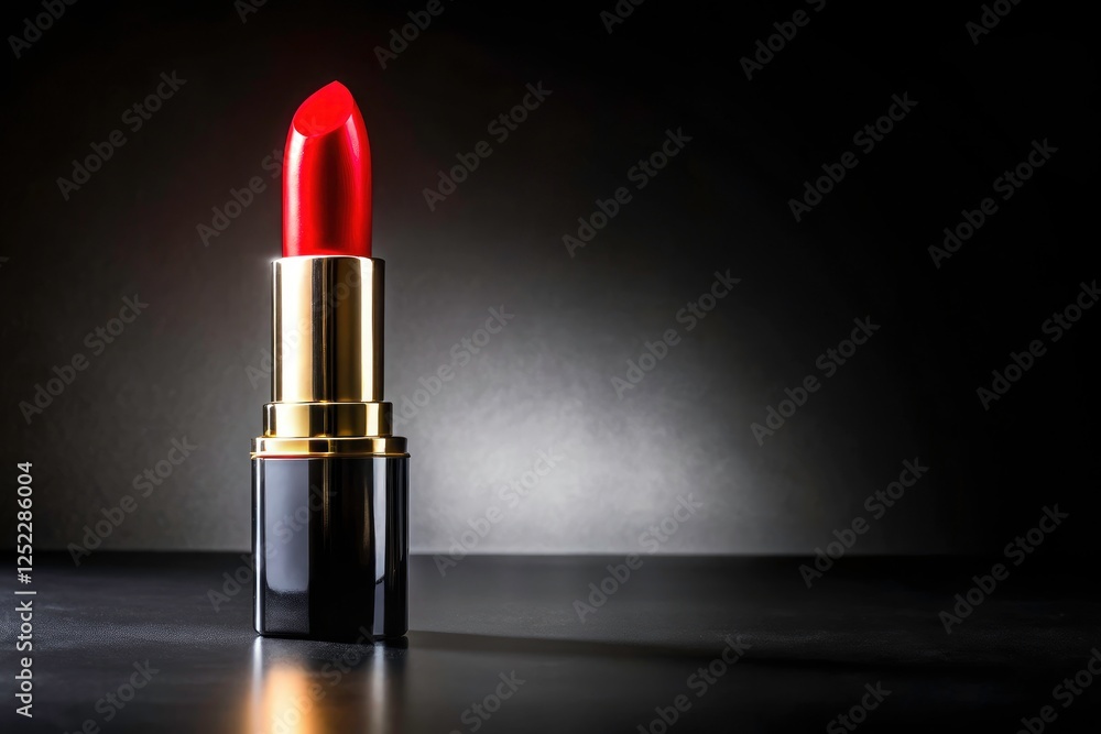 Studio shot of a luxurious red lipstick on black. Perfect for beauty campaigns and showcasing makeup elegance. Studio shot of a luxurious red lipstick on black. Perfect for beauty campaigns and showcasing makeup elegance.