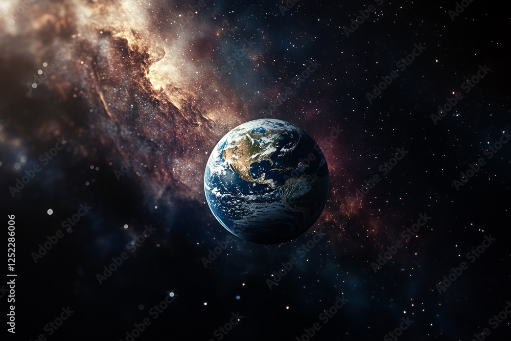 Obraz premium Earth floating in the vastness of space with vibrant nebula clouds and sparkling stars in the background, symbolizing the beauty and mystery of the universe
