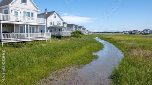 Coastal homes, creek, marsh, sunny day, real estate