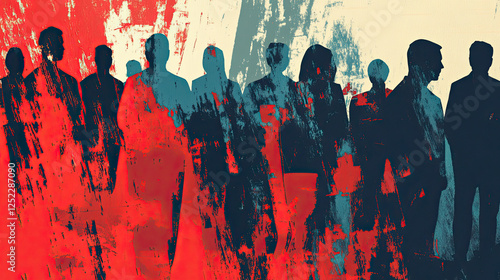 Business people and employees standing in red white blue paint texture