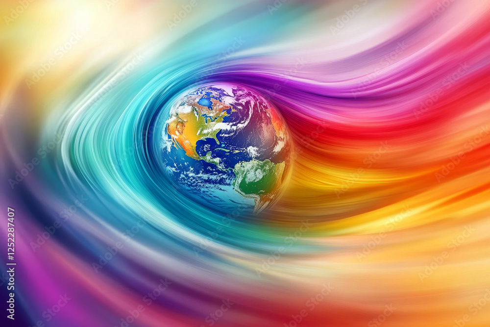 Vibrant abstract Earth surrounded by flowing colorful waves representing diversity, creativity, and global unity Vibrant abstract Earth surrounded by flowing colorful waves representing diversity, creativity, and global unity