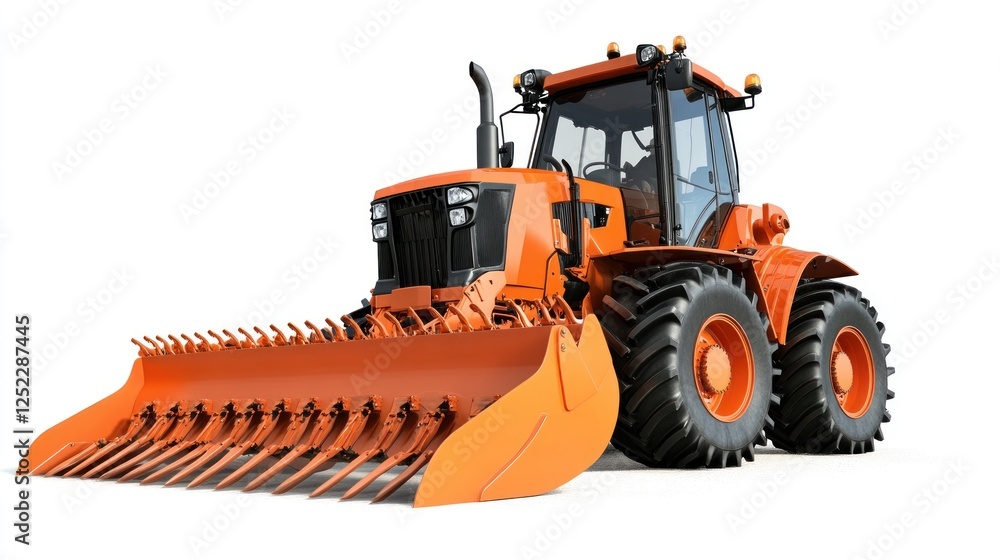 Fototapeta premium Orange tractor with snow plow, white background, agricultural machinery