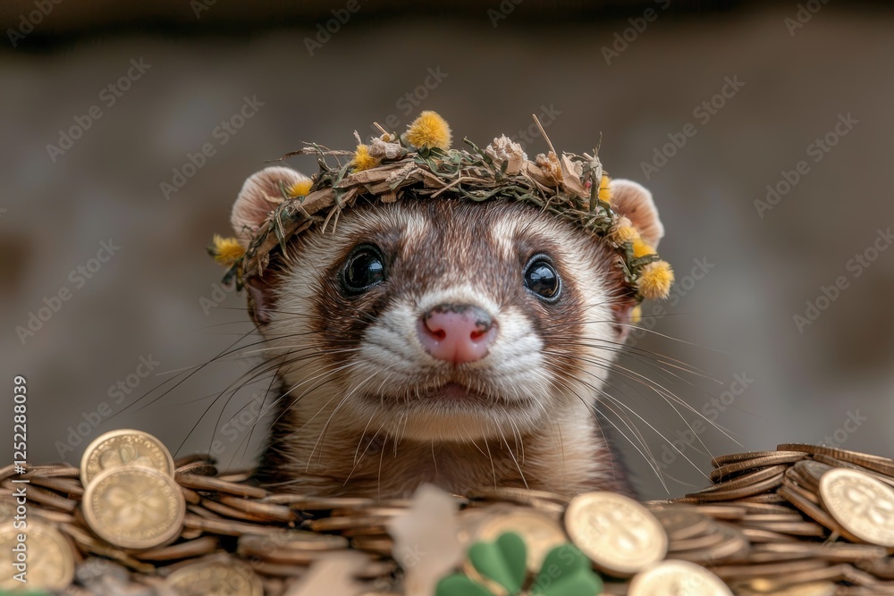 Obraz premium A cute ferret wearing a flower crown surrounded by gold coins.