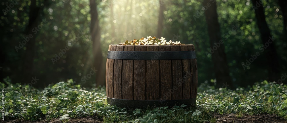 Fototapeta premium A pot of gold at the end of the rainbow, a barrel full of gold coins in a forest.