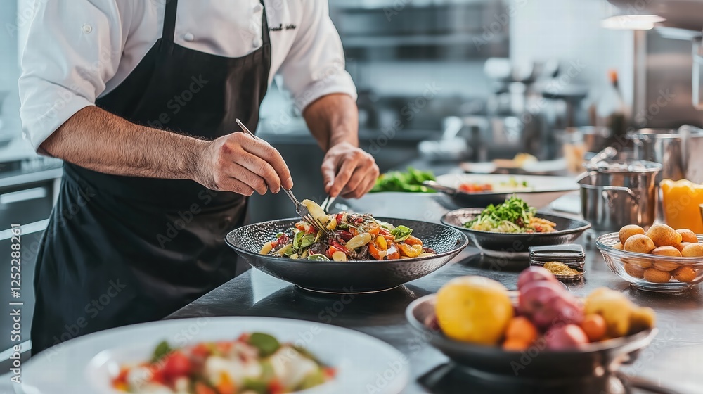 Chef is plating of a salad in black bowl in restaurant kitchen with vegetables surrounded Chef is plating of a salad in black bowl in restaurant kitchen with vegetables surrounded