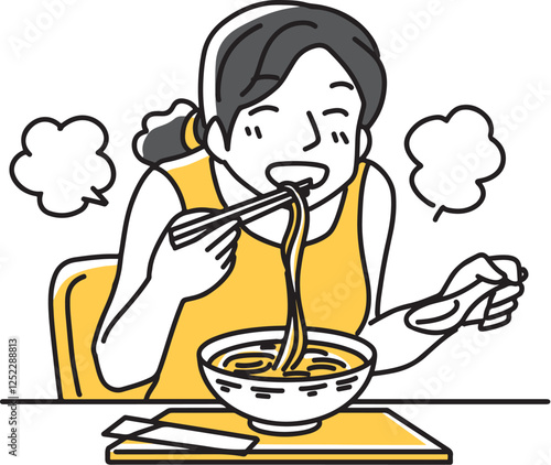 麺類を嬉しそうに食べる女性