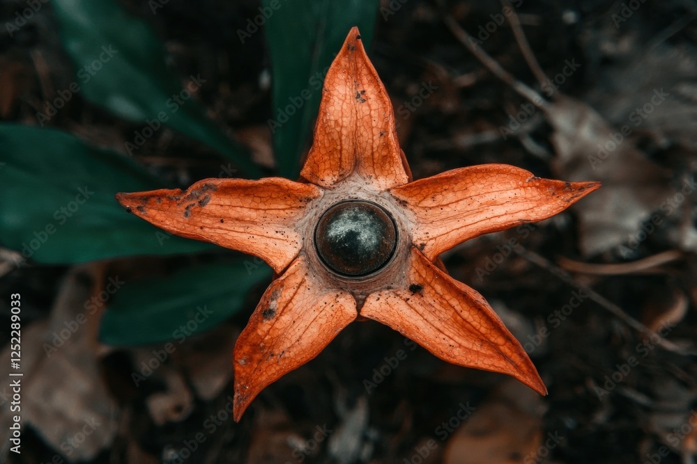 Star shaped flower with a dark center on the ground. Star shaped flower with a dark center on the ground.