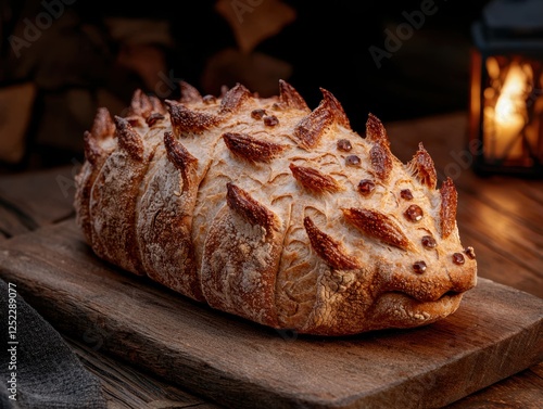 A loaf of bread shaped like a dragon on a wooden board. photo