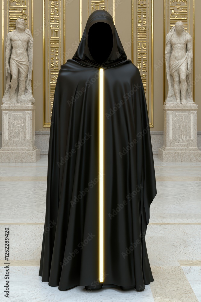 Mysterious figure in a dark robe with a glowing light in a grand hall. Mysterious figure in a dark robe with a glowing light in a grand hall.