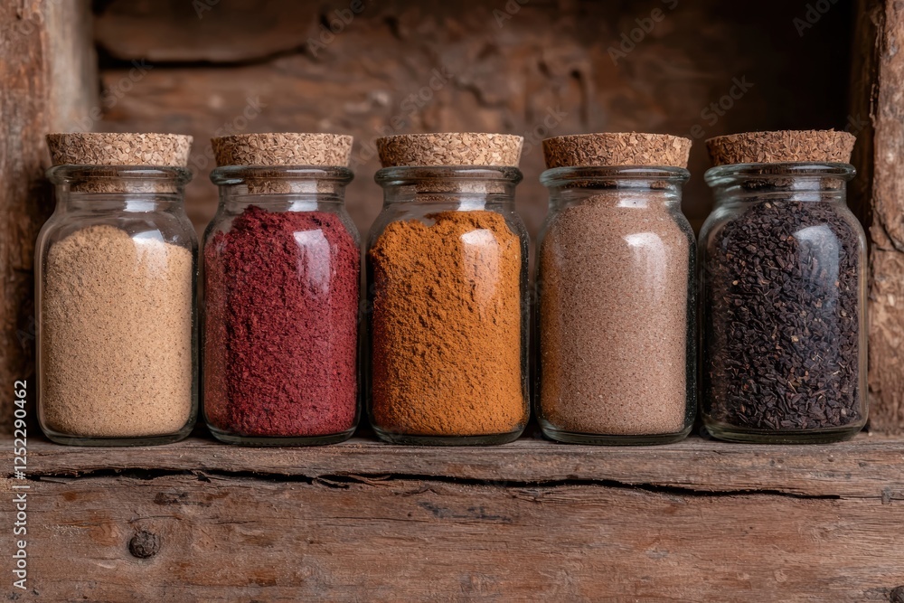 A variety of colorful spices in glass jars with cork lids. A variety of colorful spices in glass jars with cork lids.