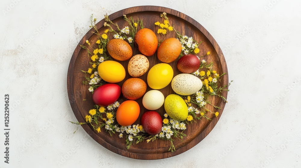 A wooden board with colorful Easter eggs and tiny wildflowers arranged in a circle, creating a sense of festive joy and celebration. A wooden board with colorful Easter eggs and tiny wildflowers arranged in a circle, creating a sense of festive joy and celebration.