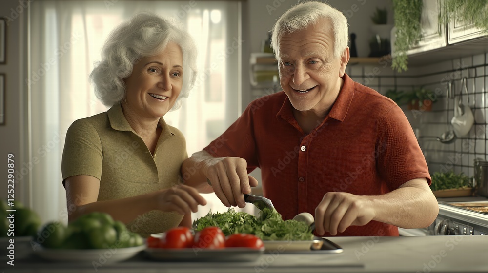 Smiling senior couple cooking together in kitchen Smiling senior couple cooking together in kitchen