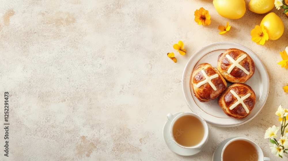 Minimalist Easter brunch table with a plate of hot cross buns, fresh fruit, and a cup of tea, set against a neutral background. Minimalist Easter brunch table with a plate of hot cross buns, fresh fruit, and a cup of tea, set against a neutral background.