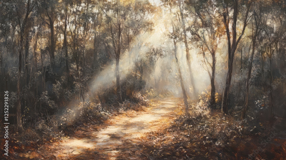 Obraz premium Soft rays of sunlight breaking through a forest canopy, illuminating a path covered in fallen leaves, symbolizing spiritual reflection and Easter peace.