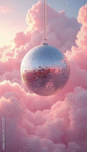dusk pastel background ball pink made hanging cloud disco disco ball mirror pink pastel dusk dawn cloud star disco ball purple yellow apricot orange shine party silver sphere shiny light decoration