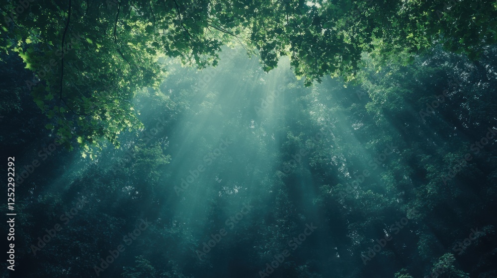 Obraz premium Ethereal Sunlight Filtering Through Lush Tree Canopy in Enchanted Forest Environment