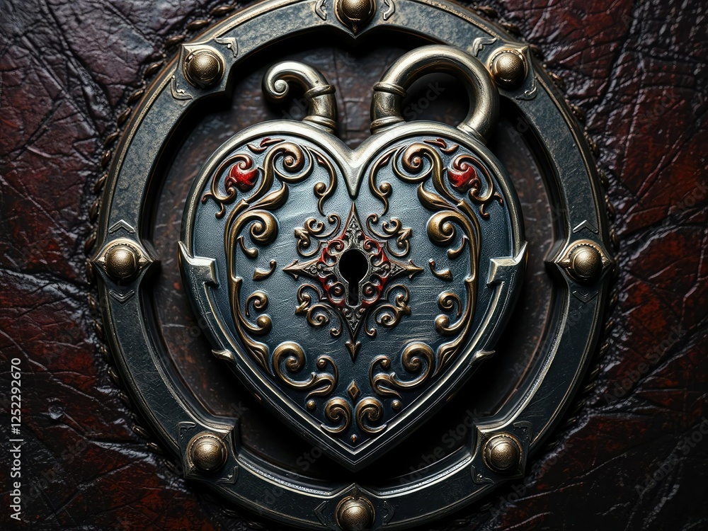 Naklejka premium Engraved metallic medieval heart lock with intricate red and gold details in a regal, ancient setting on a dark, richly textured surface, regal, background, ancient