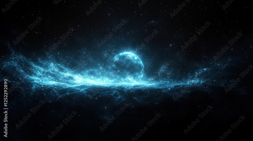 Fototapeta premium Abstract Blue Cosmic Nebula With Glowing Orb