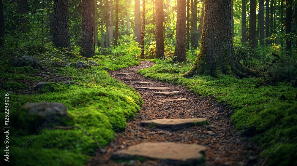 Obraz premium Serene Forest Pathway Under Soft Sunlight