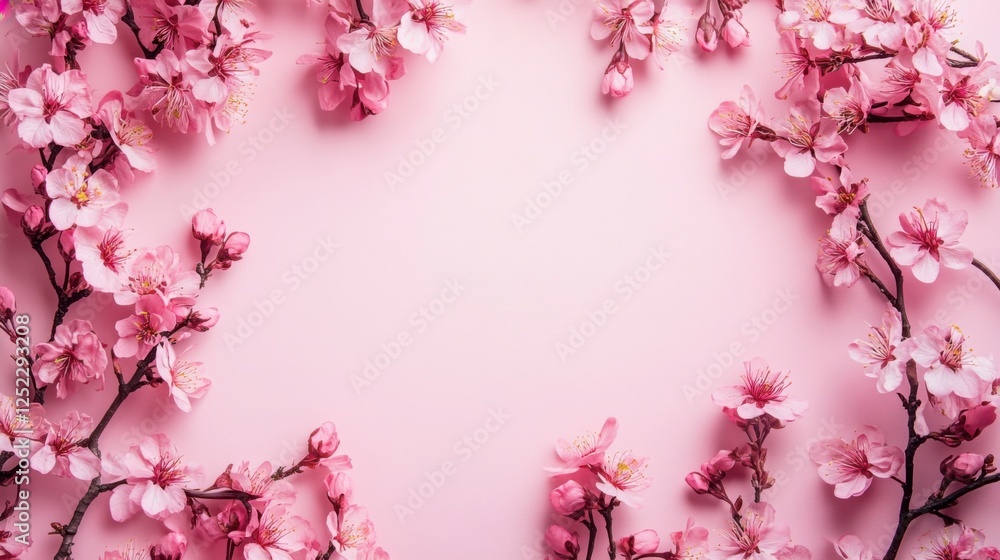 Fototapeta premium Delicate Cherry Blossom Flowers Frame on Soft Pink Background for Spring and Nature Themes
