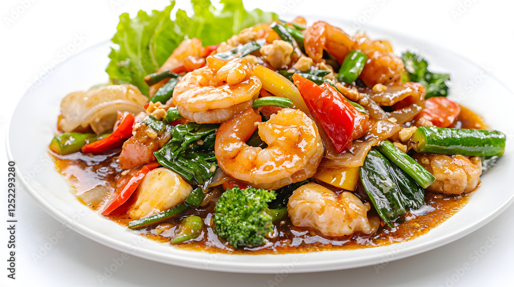 Colorful Shrimp Stir-Fry with Vegetables on White Plate Colorful Shrimp Stir-Fry with Vegetables on White Plate