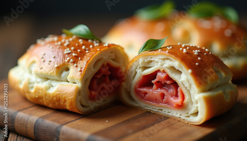 Sliced Polish Stuffed Dumpling with Red Filling Cross Section photo