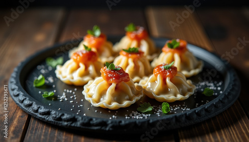 Elegant Plated Polish Dumplings with Garnish on Dark Plate photo