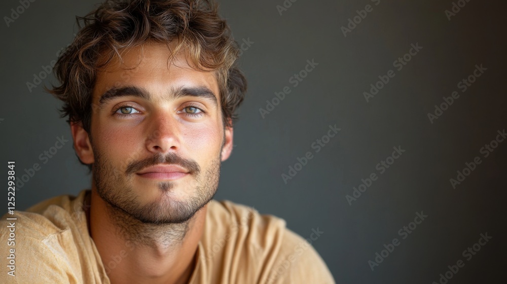 Portrait of a Young Man with Short Hair and Blue Eyes Smiling Against a Dark Background Portrait of a Young Man with Short Hair and Blue Eyes Smiling Against a Dark Background