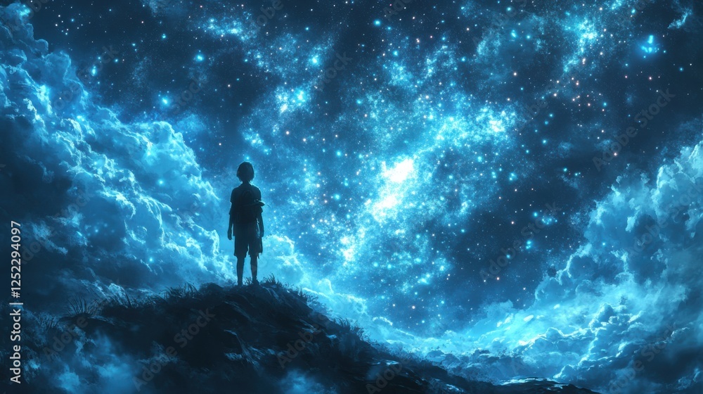 Fototapeta premium Child Standing on a Hill Gazing at a Starry Night Sky Filled with Blue Clouds and Shimmering Stars