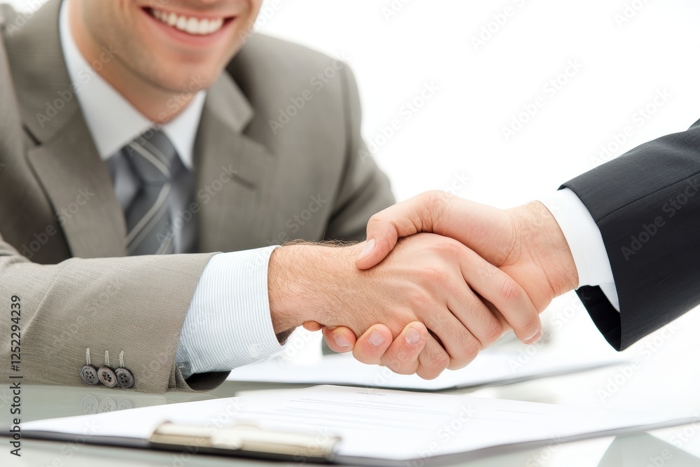 A smiling corporate professional signing a partnership contract, shaking hands with a business partner, successful deal-making moment A smiling corporate professional signing a partnership contract, shaking hands with a business partner, successful deal-making moment