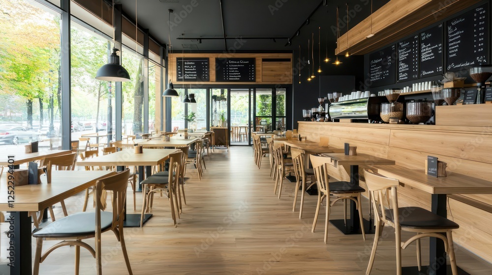 Modern Empty Cafe Interior With Wooden Tables And Chairs Modern Empty Cafe Interior With Wooden Tables And Chairs