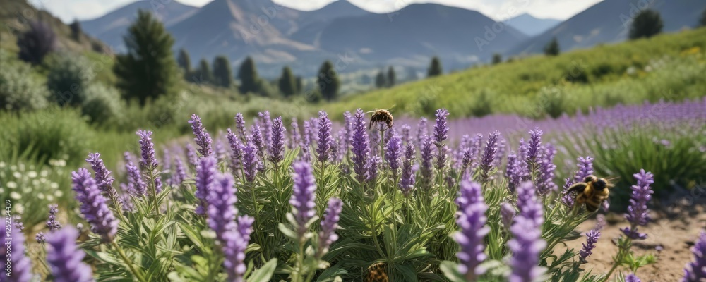 Obraz premium Abeja recolectando polen en la flor de lavanda en un campo rodeado de montañas verdes y un cielo nublado , polen, naturaleza, abeja