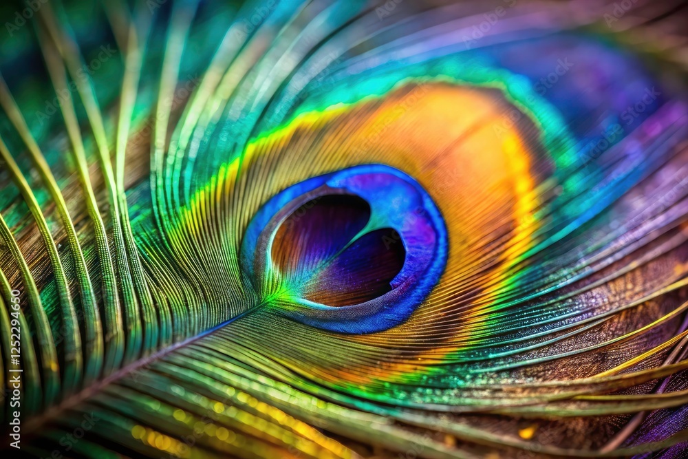 Naklejka premium Stunning long exposure captures a peacock feather's eye, showcasing breathtaking macro detail and natural beauty.
