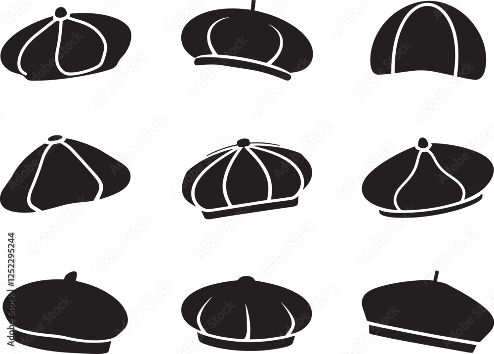 Set Of Stylish Berets Cap, Collection of Stylish Black Berets Cap Silhouette Set Of Stylish Berets Cap, Collection of Stylish Black Berets Cap Silhouette