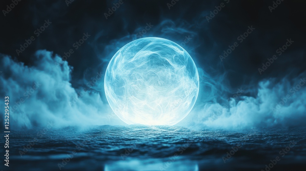 Ethereal Blue Moon Emanating Light Over Mysterious Ocean Waves and Mist at Night Ethereal Blue Moon Emanating Light Over Mysterious Ocean Waves and Mist at Night
