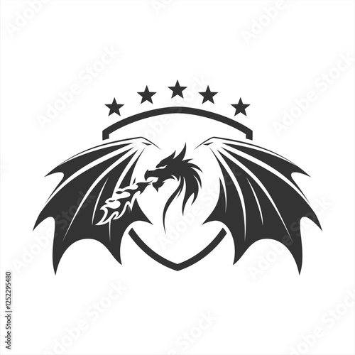 Winged dragon emits 5 star defense fire illustration logo design
