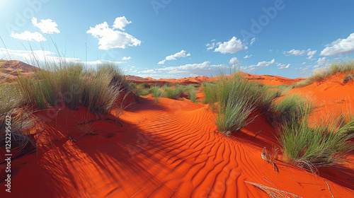 Fototapeta Naklejka Na Ścianę i Meble -  vast and arid desert landscape with vibrant orange sand dunes and sparse vegetation under clear blue sky evokes sense of tranquility