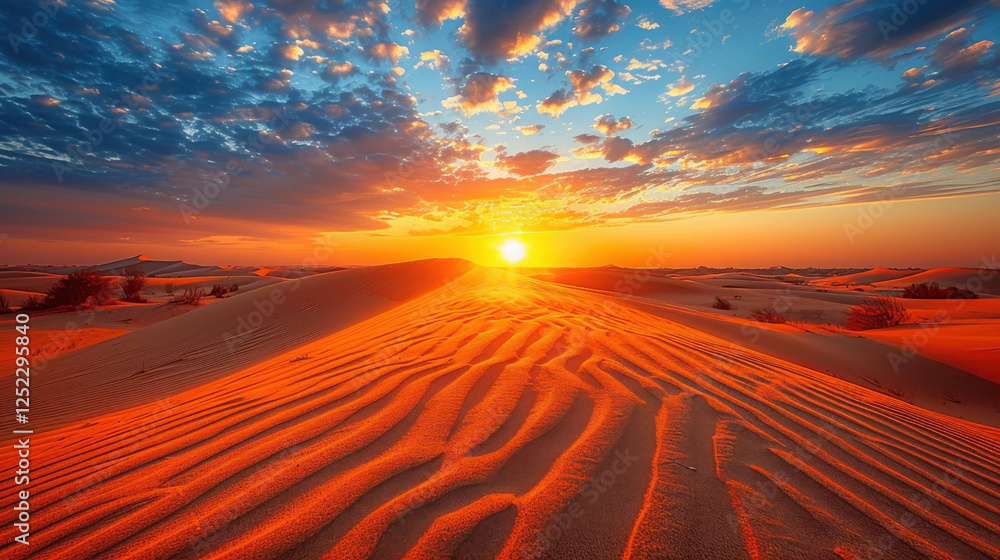 vast and arid desert landscape under clear blue sky at sunset, showcasing vibrant orange and blue hues vast and arid desert landscape under clear blue sky at sunset, showcasing vibrant orange and blue hues