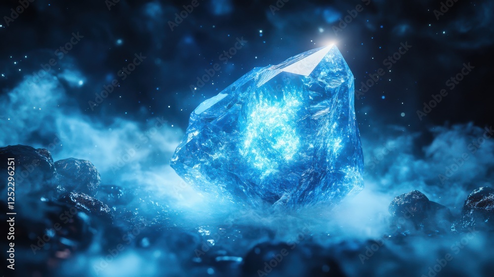 Obraz premium Sparkling Blue Crystal Surrounded by Mist and Glimmering Lights in a Fantasy Landscape