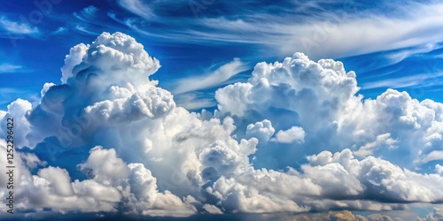 Stunning outdoor image: a high-depth-of-field cloudscape, beautiful white cloud formations against a vibrant blue sky.