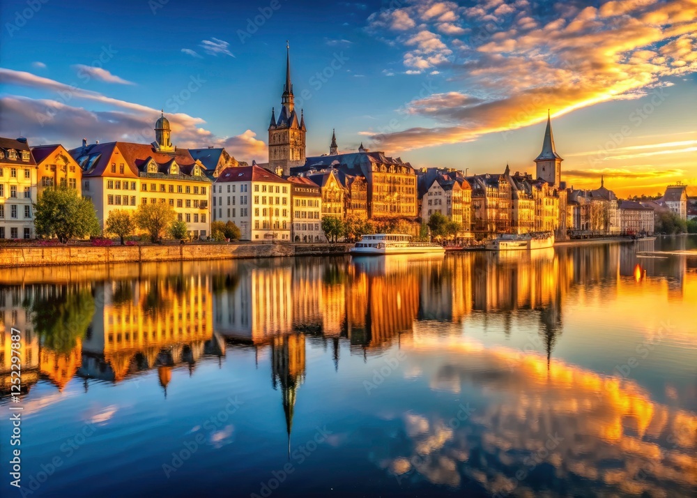 Stunning riverfront architecture defines this breathtaking city, its panorama bathed in blue sky. Stunning riverfront architecture defines this breathtaking city, its panorama bathed in blue sky.