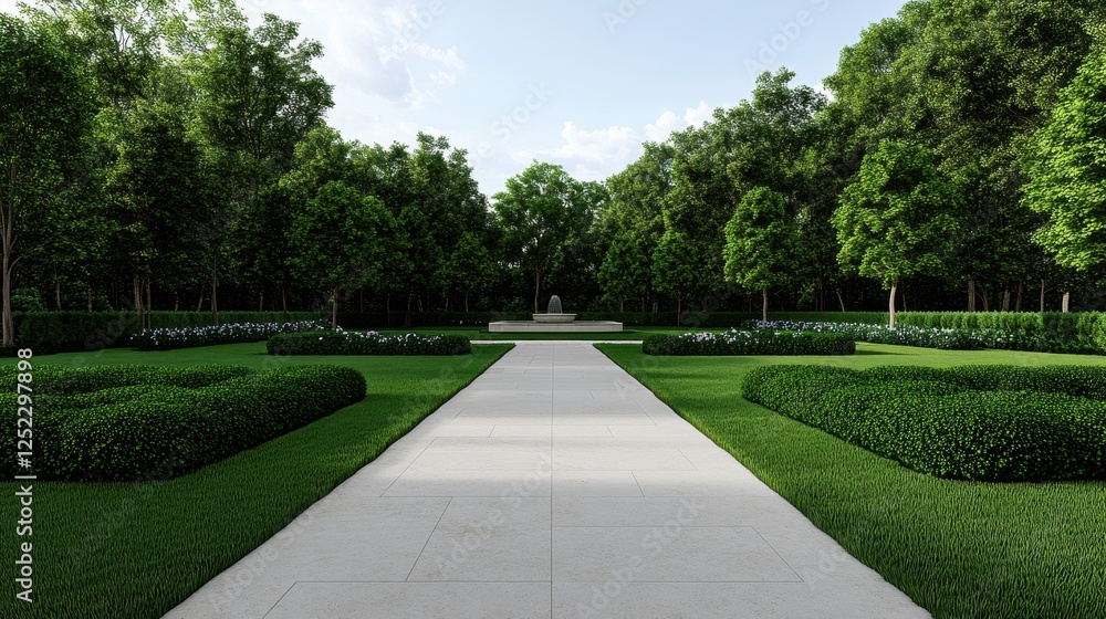Fototapeta premium Central European Garden Design with Lush Greenery and Pathway