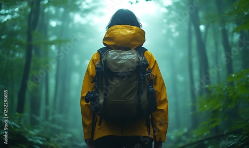 Woman Hiking Foggy Forest Rain Gear photo