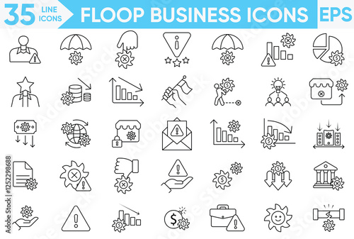 Floop Business Line Icon Set.financial crisis, money leak, debt, no money, warning, alarm,  recession, unpaid bills and more.vector and illustrator set.