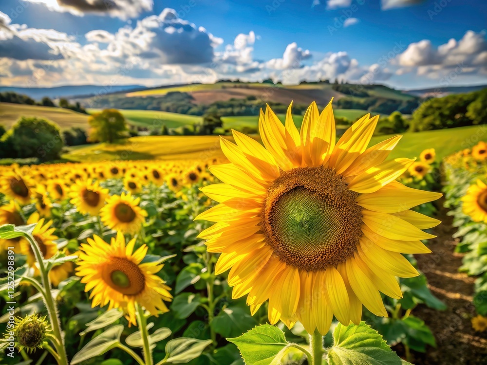 Obraz premium Stunning summer sunflowers blaze across Barlow's Derbyshire fields; a photographer's dream.