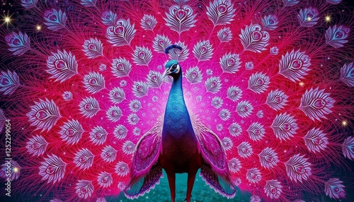 Close up of colorful peacock feathers with vibrant pink and white patterns in a beautiful display