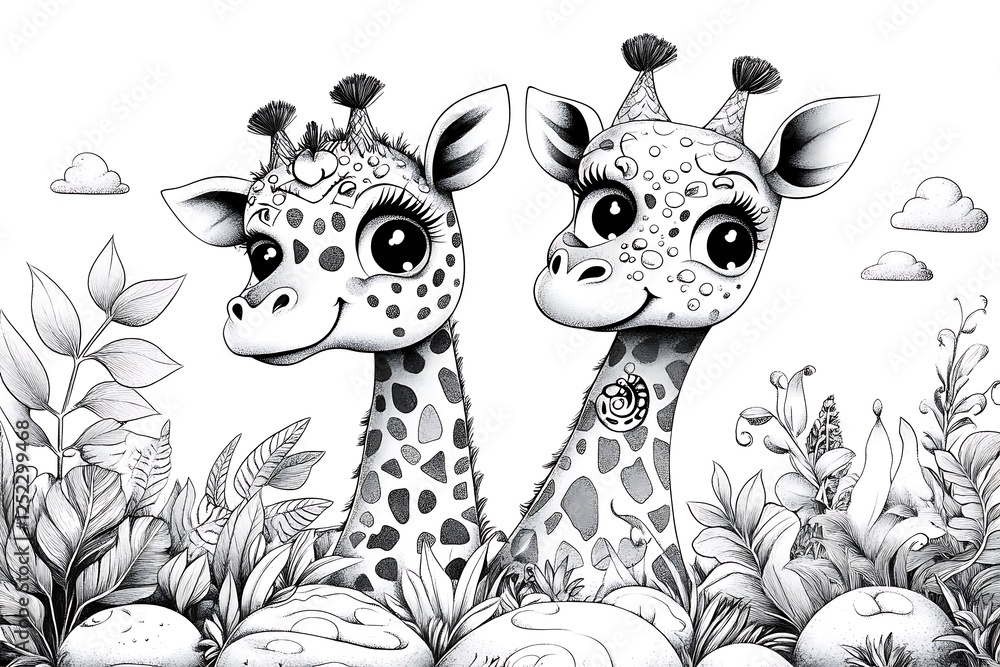 Fototapeta premium Playful giraffes in a whimsical jungle scene black and white illustration creative art